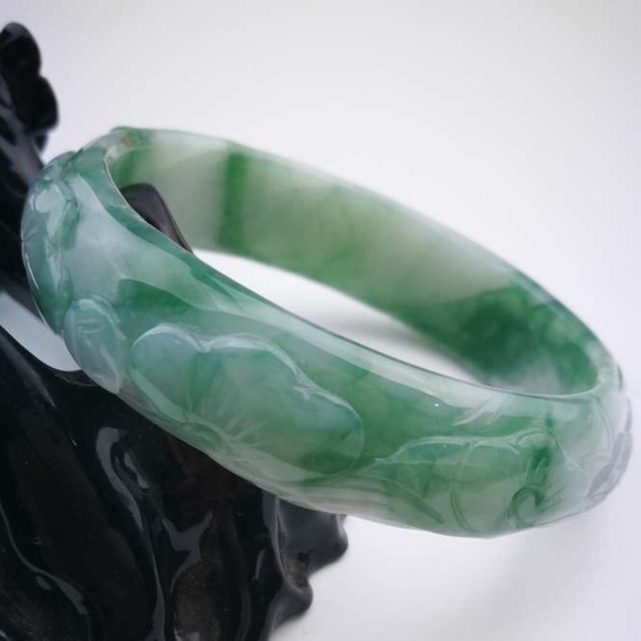 NATURE BEAUTIFUL CARVING GRADE A GREEN JADE JADEITE BRACELET BANGLE 57MM #A1121 - Picture 7 of 9